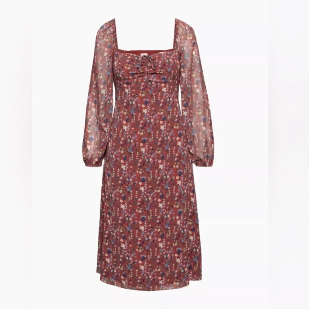 Aritzia Rust Floral Midi Dress with Puff Sleeves